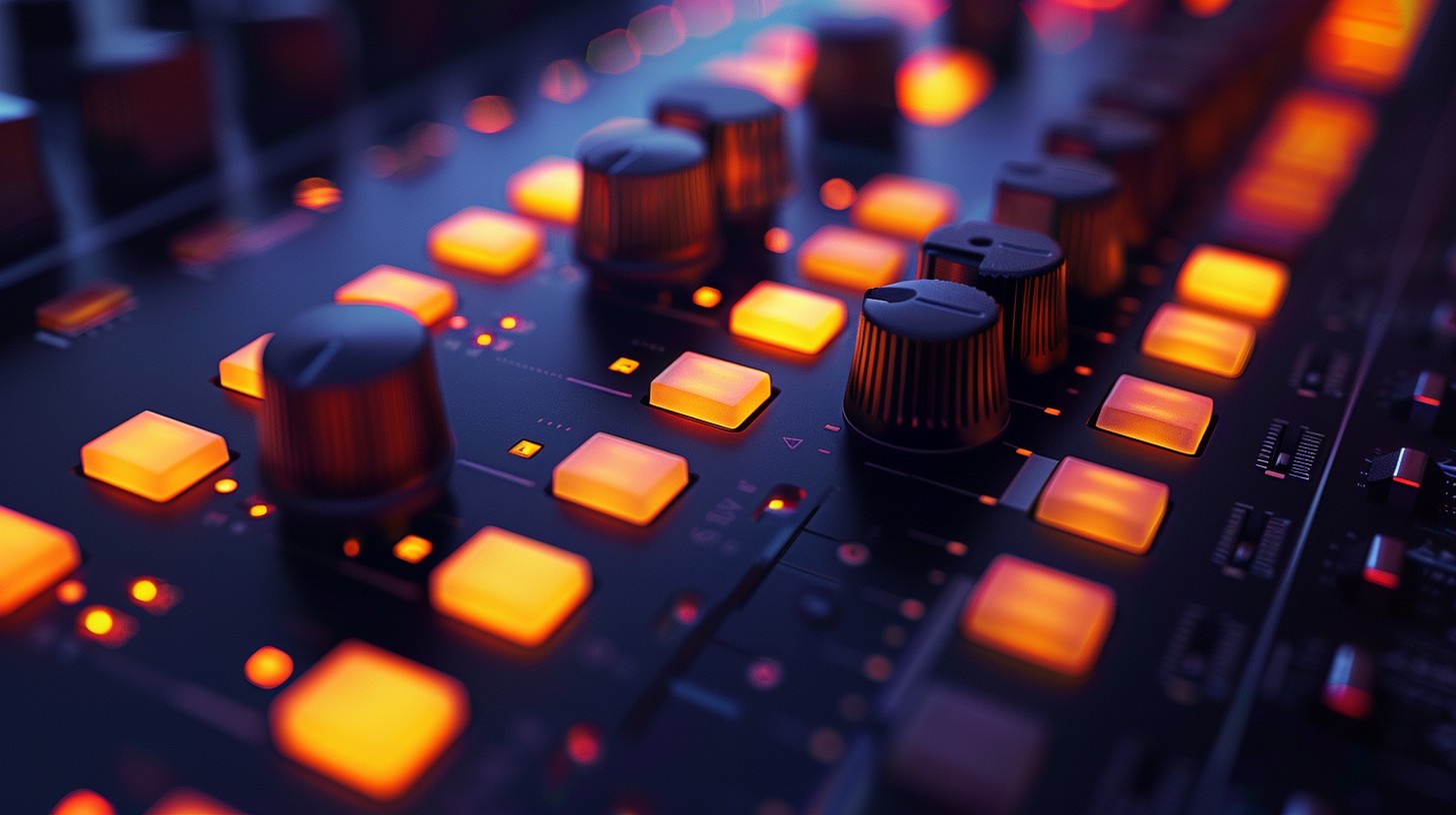 Hands on a lit-up mixing console